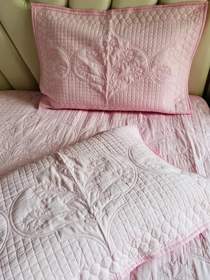 Chic Flora Baby Pink Quilted Solid Bedcover 3pc Set