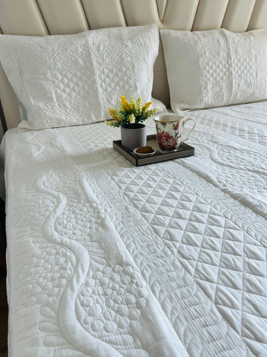 White Quilted Solid Bedcover 3pc Set