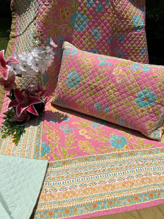 Mughal Pink Quilted Bedcover 3pc Set