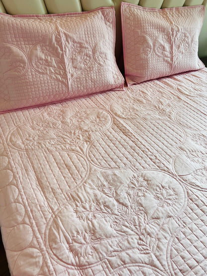 Chic Flora Baby Pink Quilted Solid Bedcover 3pc Set