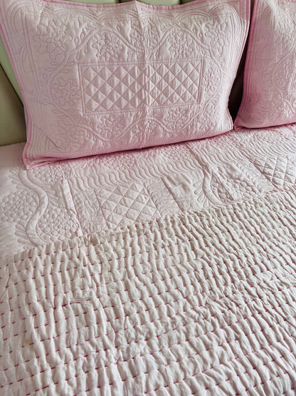 Double Bed Baby Pink Kantha Quilt