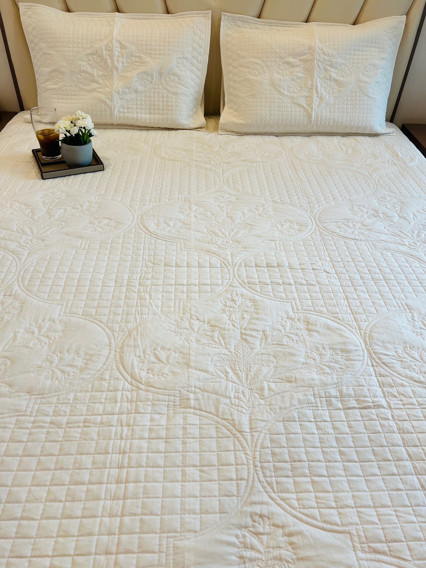 Chic Flora White Quilted Solid Bedcover 3pc Set